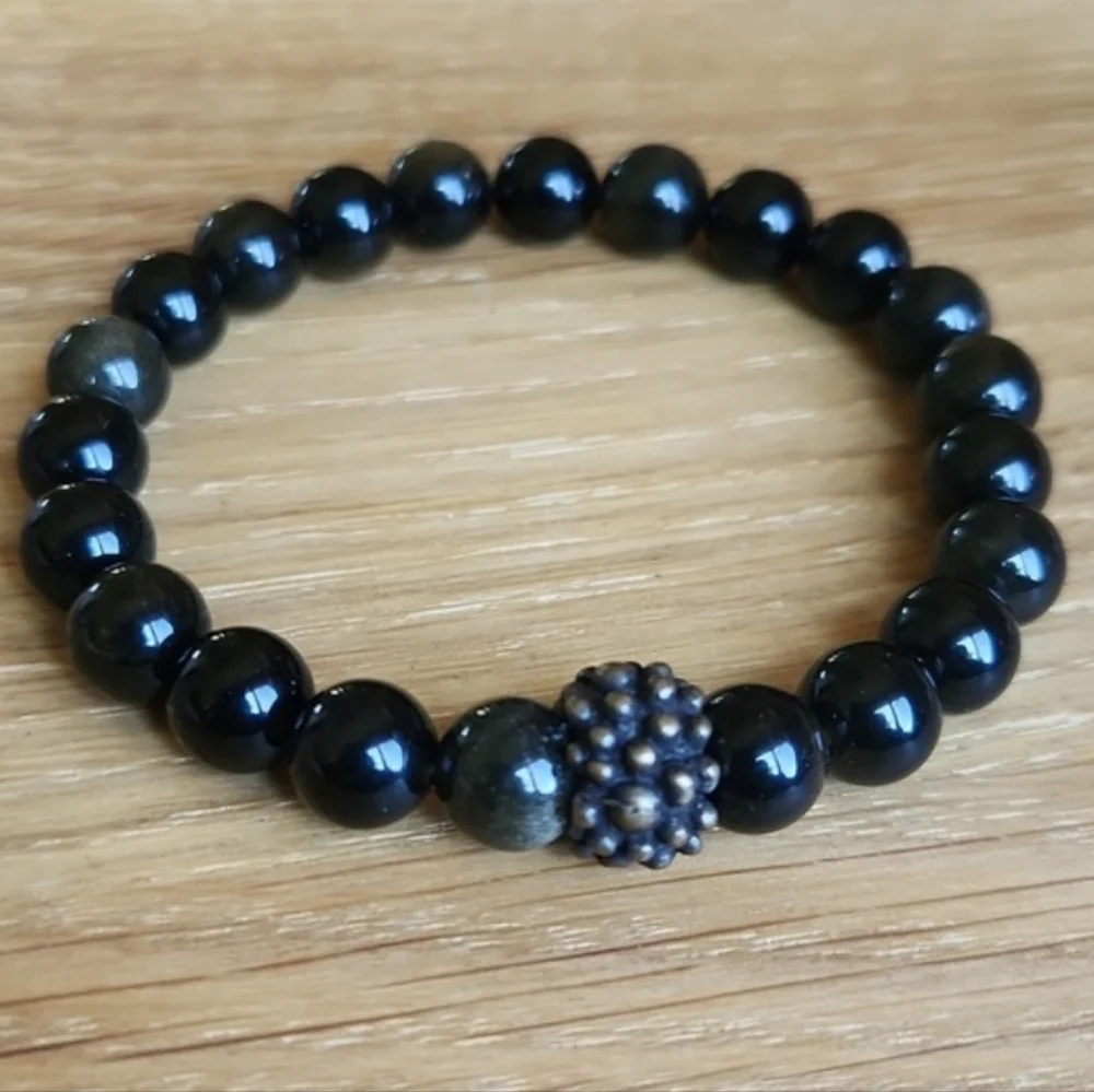 Golden Obsidian Beaded Stretch Bracelet | Handmade